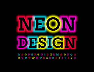 Vector colorful Neon Design Alphabet. Glowing bright Font. Illuminated Letters and Numbers 