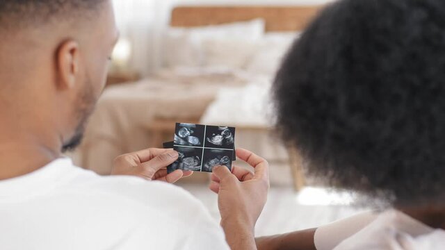 Back view african couple newlyweds beginners parents afro curly woman pregnant wife and black man husband sitting on couch watching ultrasound images film photo of child satisfied with medical service