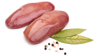 Raw pork kidneys, offals, isolated on white background. High resolution image