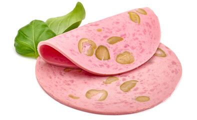 Spanish sausage slices with olives, traditional smoked sausage, close-up, isolated on white background. High resolution image.