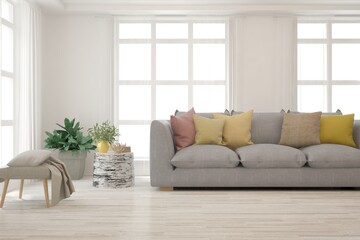 White living room with sofa. Scandinavian interior design. 3D illustration