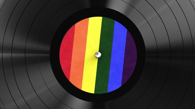 Realistic seamless looping 3D animation of the rainbow Pride flag label vinyl record rendered in UHD