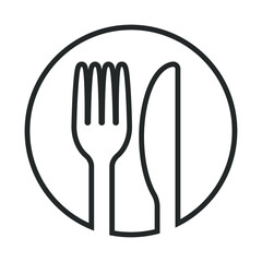 Fork and knife icon logo. Simple flat shape sign. Restaurant cafe kitchen diner place menu symbol. Vector illustration image. black silhouette isolated on white background.