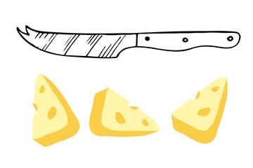 Cheese knife and pieces of cheese isolated sketch on white background. Stainless steel kitchen knife for cheese. Special blade for cutting. Household utensils and cutlery.