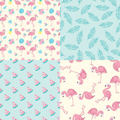 vector Wallpaper set of seamless patterns with images of flamingos