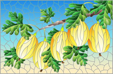 Fototapeta premium Illustration in the style of a stained glass window with a branch of ripe yellow gooseberries, berries and leaves on a blue background