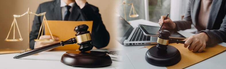 Business and lawyers discussing contract papers with brass scale on desk in office. Law, legal...