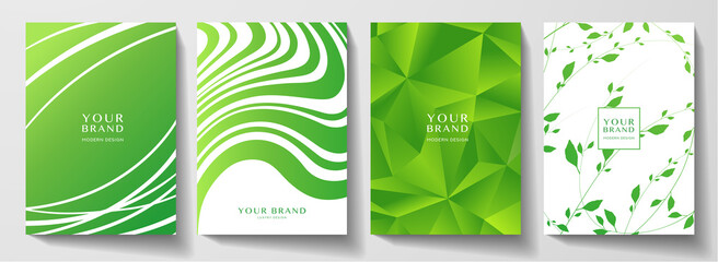 Green cover design set with geometry abstract pattern, wavy line, green leaf. Natural eco vector background for modern poster, catalog template, creative brochure