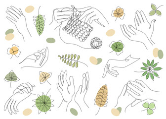 Silhouette Collection of human hands. Palms concept in modern style with one line with plant leaves. Solid sketches for decor, posters, stickers, logo. Set of vector illustrations.