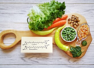 Foods rich in lutein and zeaxanthin with structural chemical formulas of two carotenoids. Fresh...