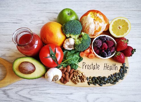 Super foods for healthy prostate. Natural products to prevent prostate cancer and boost prostate health. Apple, tomato, tomato juice, nuts, strawberry, grapefruit, spinach, lemon, oranges, garlic, etc