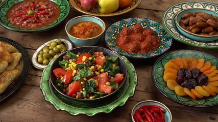 Eid mubarak, Ramadan table. Festive traditional Middle Eastern Muslim Halal foods. Celebration of Eid al-Adha