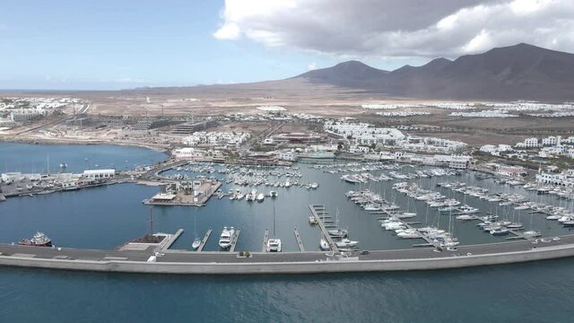 Marina Rubicon sailing center aerial drone view. Playa Blanca, Lanzarote, Canary Islands 