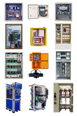 a group of modern electrical cabinets of various designs and purposes isolated on a white background