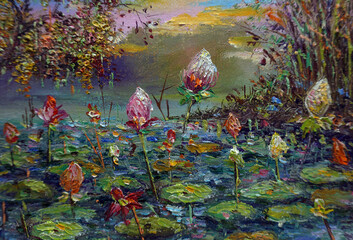 Watercolor painting art class , lotus  Flowers in a lake , abstract color