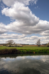 River Ouse and its bank with trees and flowering bushes in the fields on a spring afternoon