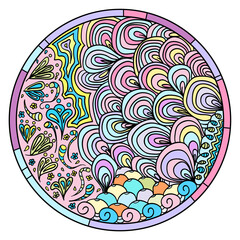 Zendala. Zentangle. Hand drawn circle mandala with abstract patterns on isolation background. Design for spiritual relaxation for adults. Print for polygraphy, posters, t-shirts and textiles. Zen art