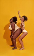 Full length shot of two funny slim and plus size african american women in beige underwear looking...