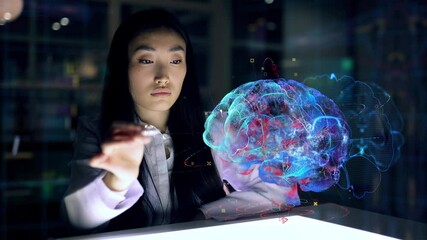 Asian woman Scientist work on 3D Simulated holographic Neural Brain Interface. Engineer using Augmented Holographic Technology. Artificial Intelligence Concept - Powered by Adobe