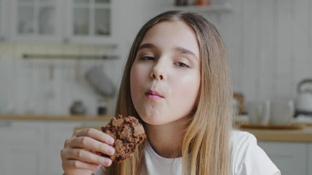 Portrait of contented happy cute hungry child little girl daughter schoolgirl eating delicious homemade chocolate biscuit cookies sweet pastries bites smiling feels pleasure of food at home in kitchen