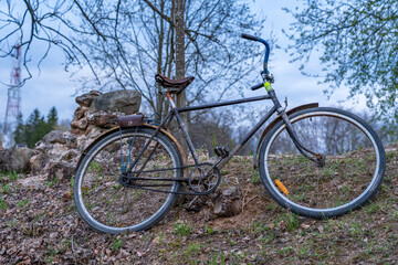 Fototapeta premium An old rusted bike is left by a tree..
