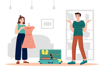 Couple packs luggage for summer trip. Young woman chooses a dress for a vacation. Vector illustration with a preparing for a summer trip concept. Characters in flat design