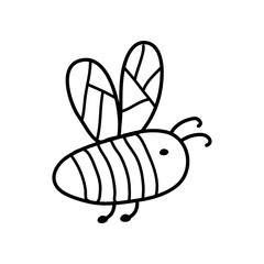 Cute little bee in doodle style. Black vector illustration for logo, icon or label
