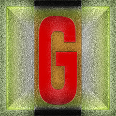 square graphic with the upper-case character G representing a capital letter on chromed sheet metall