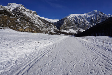 cross country ski resort of Crevoux in the mountains of  Serre Ponçon lake, France
