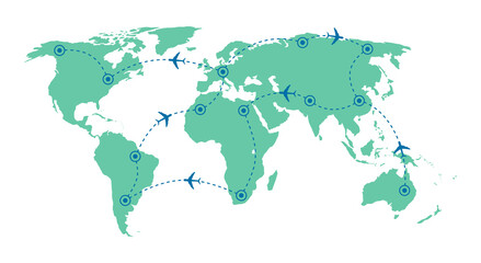 World map with flight route . Global map with the route of tourist travel by plane. Round-the-world tourism with plane. Vector