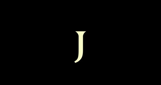 Animation of logo design. Luxury monogram. Round Emblem rotates. Capital letter J. Falling crown. Drawn ribbon. Art template in motion.