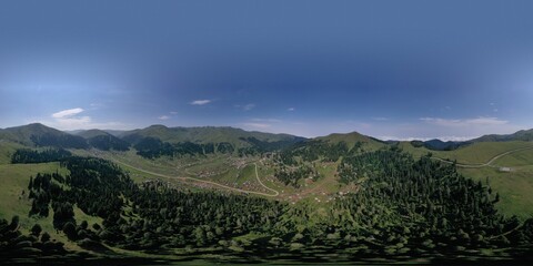 Fototapeta na wymiar 360 VR Aerial View Of Mountains Covered With Coniferous Forests