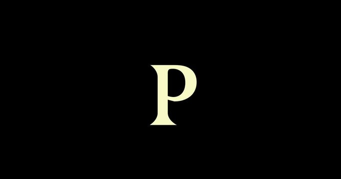 Animation of logo design. Luxury monogram. Round Emblem rotates. Capital letter P. Falling crown. Drawn ribbon. Art template in motion.