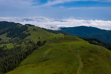 Mountains and green grass view from drone