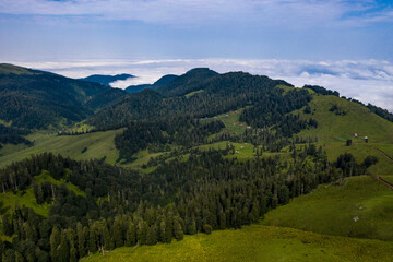 Mountains and green grass view from drone