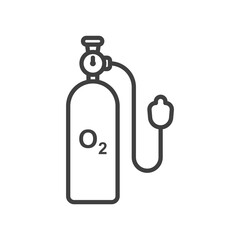 Oxygen cylinder icon with breathing mask. A simple linear view of an oxygen cylinder with a pressure gauge, snorkel and breathing mask. Isolated vector on pure white background.