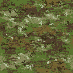 Woodland camouflage seamless pattern incorporating tiny pixels of dark brown, light brown, gray and white on a green background.