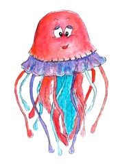 Watercolor red jellyfish, sea animal illustration, isolated.