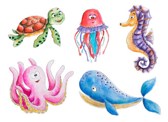 Watercolor cartoon sea animals, turtle, whale, seahorse, jellyfish, octopus. Isolated, white background.