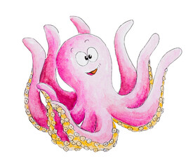 Pink watercolor smiling octopus, isolated, sea animal. White background.