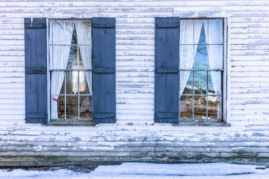 Old single-pane windows in a grange in North Amity, Maine. 
