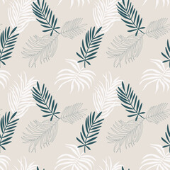 A seamless pattern of tropical palm leaves. Collage style, minimalist. Pastel earthy colors. Vector botanical background for cover, print for clothes, textiles