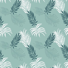 A seamless pattern of tropical palm leaves. Collage style, minimalist. Pastel earthy colors. Vector botanical background for cover, print for clothes, textiles