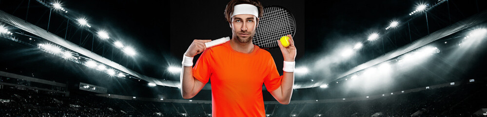 Tennis player with racket in orange t-shirt. Man athlete playing on grand arena with tennis courts.