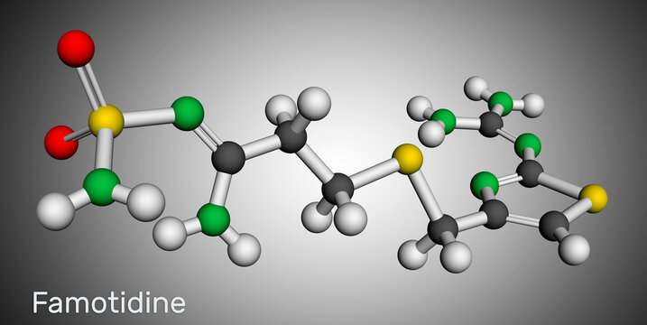 Famotidine, molecule. It is used for treatment of peptic ulcer disease, heartburn, gastroesophageal reflux disease. Molecular model. 3D rendering