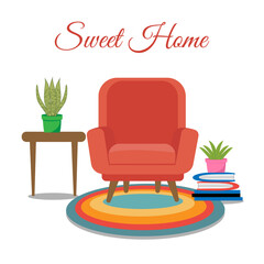 Fototapeta premium My sweet home. Cozy modern interior. Self isolation, quarantine due to coronavirus. Vector flat style illustration. Living room interior. Comfortable chair, books and house plants.