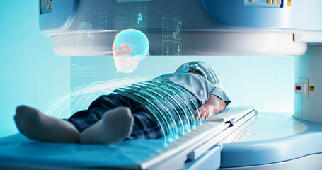 Elderly patient during futuristic MRI procedure