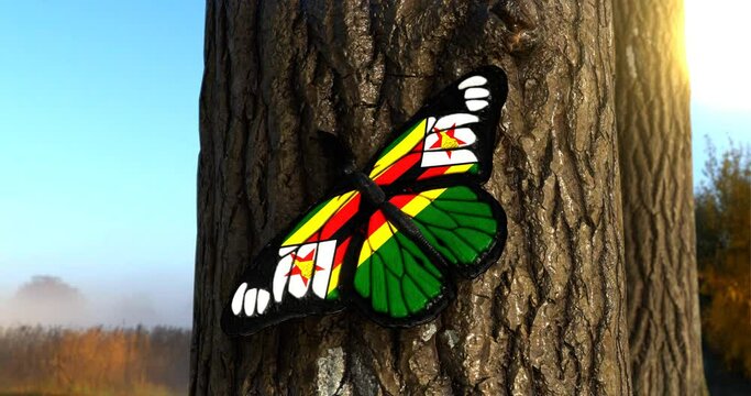 Flag of Zimbabwe on Butterfly Wings Realistic 4K UHD 60FPS