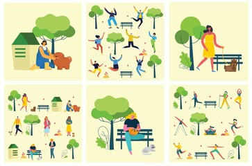 Vector illustration backgrounds of group people walking outdoor in the park on weekend