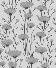 Seamless floral pattern. Abstract flowers asters with leaves. Botanical illustration. Wallpaper design, fabrics, textiles, packaging, posters, postcards, wedding design.
